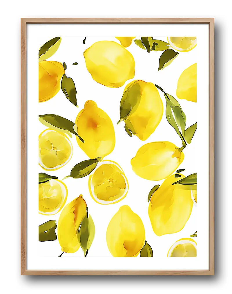 A vibrant lemon pattern with bright yellow lemons and green leaves on a white background. This fresh and lively wall art poster is perfect for bringing a burst of energy and color to a kitchen or dining area, creating a refreshing and uplifting atmosphere