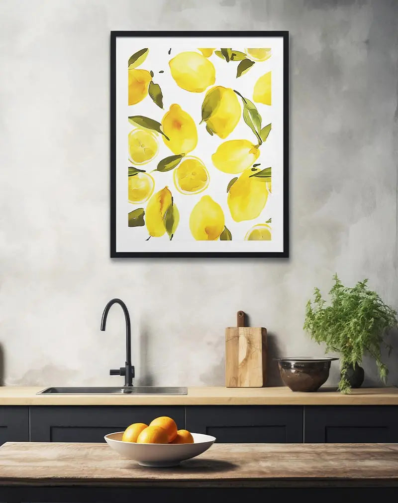 A vibrant lemon pattern with bright yellow lemons and green leaves on a white background. This fresh and lively wall art poster is perfect for bringing a burst of energy and color to a kitchen or dining area, creating a refreshing and uplifting atmosphere