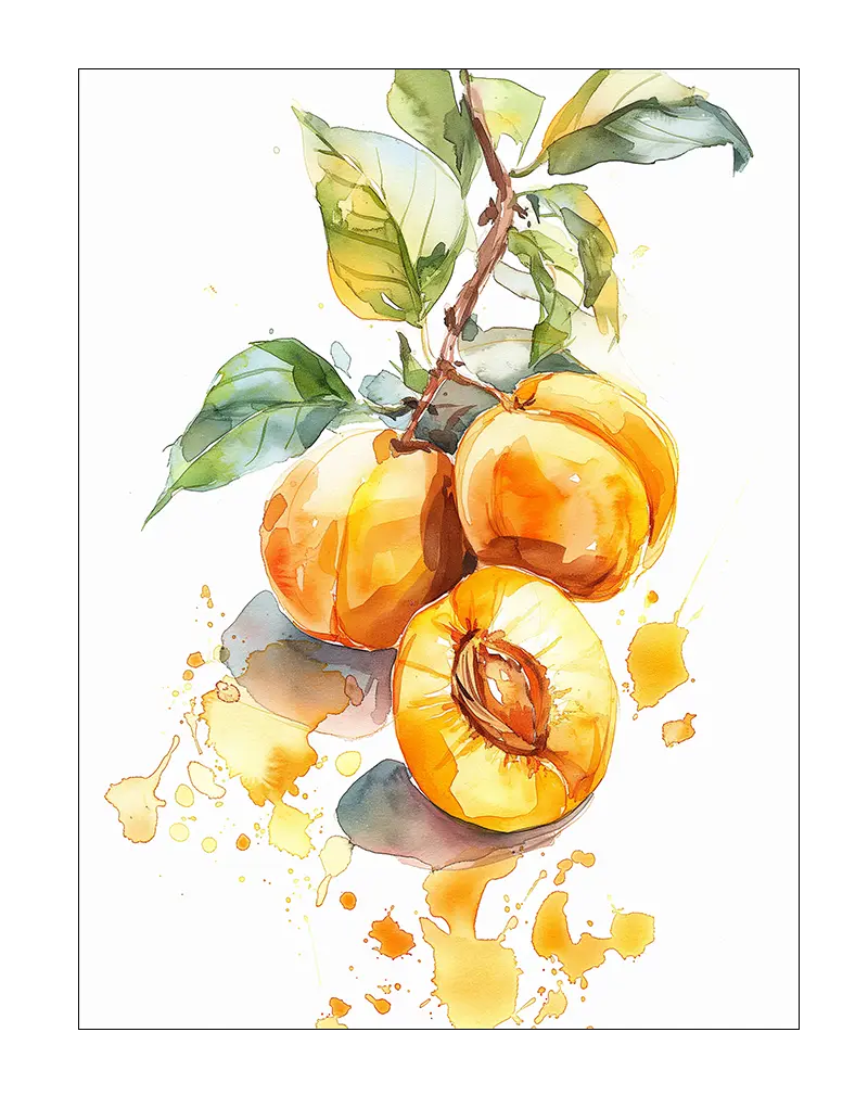 A delicate watercolor painting of juicy peaches on a branch with vibrant green leaves. This fresh and artistic wall art illustration adds a natural and artistic touch to your living space, evoking a sense of nature’s beauty and simplicity, perfect for kitchens or dining areas