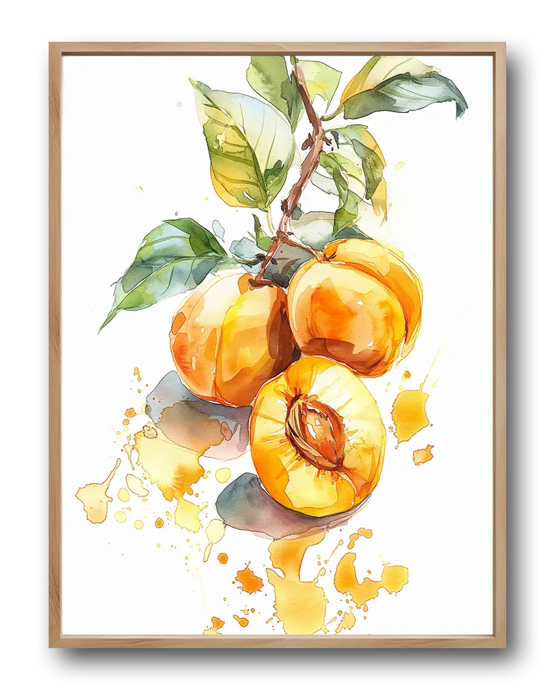 A delicate watercolor painting of juicy peaches on a branch with vibrant green leaves. This fresh and artistic wall art illustration adds a natural and artistic touch to your living space, evoking a sense of nature’s beauty and simplicity, perfect for kitchens or dining areas