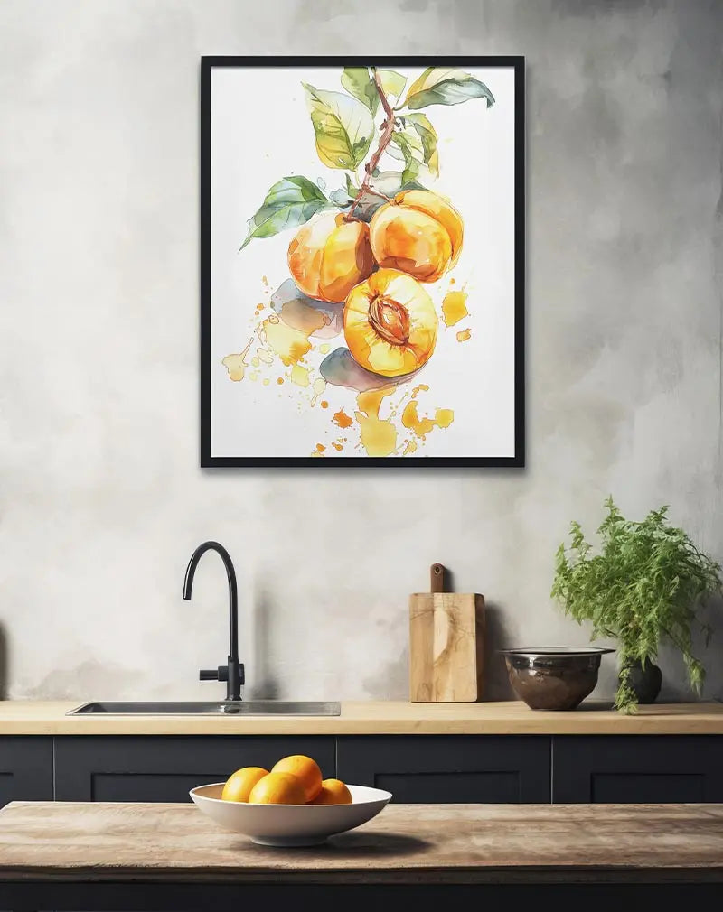 A delicate watercolor painting of juicy peaches on a branch with vibrant green leaves. This fresh and artistic wall art illustration adds a natural and artistic touch to your living space, evoking a sense of nature’s beauty and simplicity, perfect for kitchens or dining areas