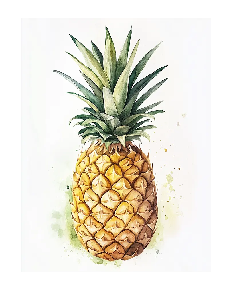 A vibrant watercolor illustration of a ripe pineapple with soft green splashes in the background. This tropical wall art brings a fresh and lively touch to any kitchen or dining space, perfect for adding a sunny vibe