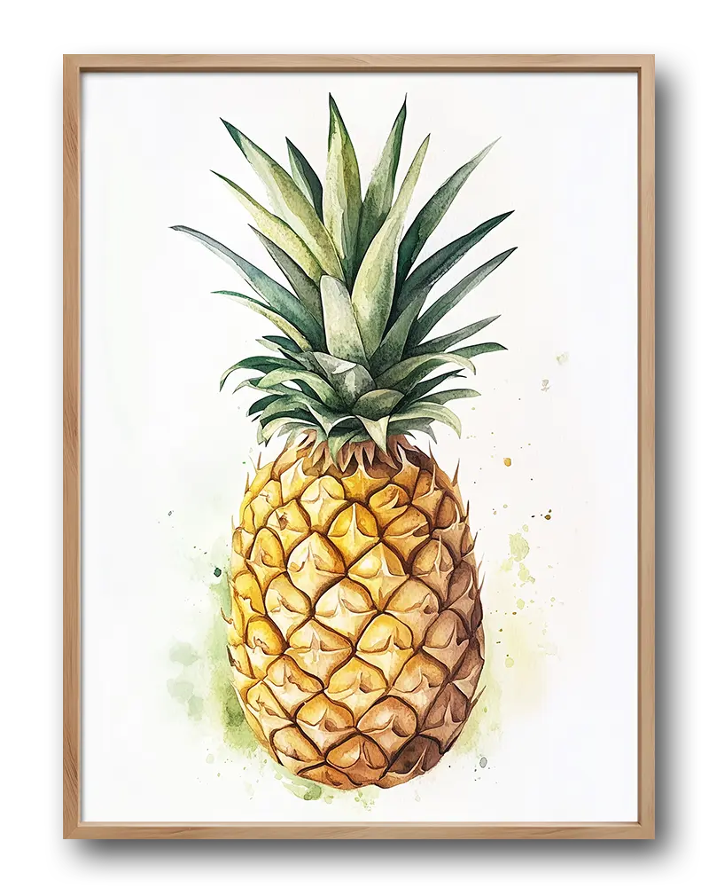 A vibrant watercolor illustration of a ripe pineapple with soft green splashes in the background. This tropical wall art brings a fresh and lively touch to any kitchen or dining space, perfect for adding a sunny vibe