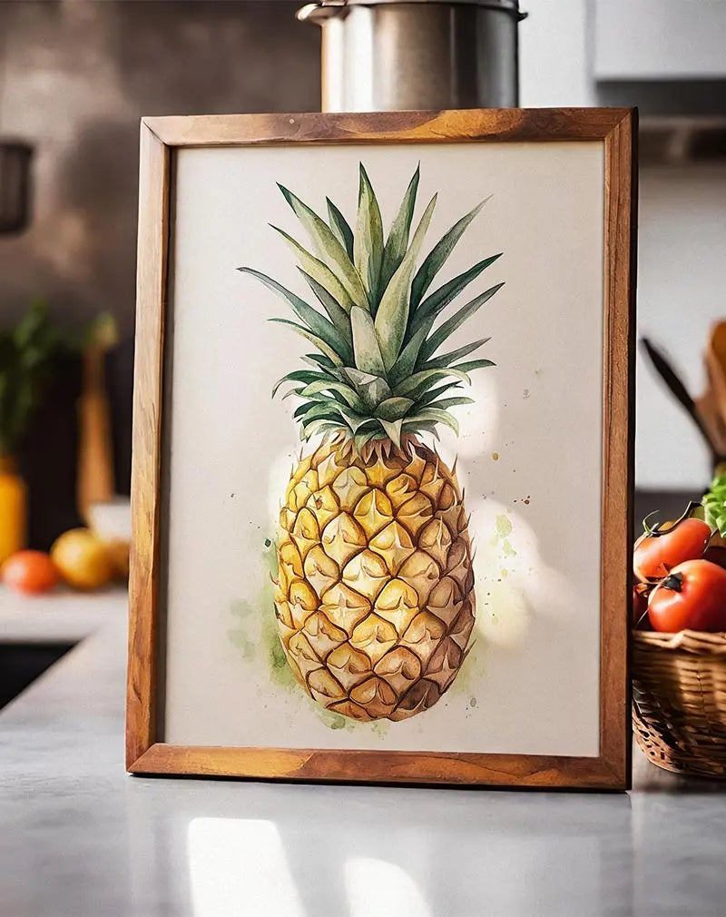 A vibrant watercolor illustration of a ripe pineapple with soft green splashes in the background. This tropical wall art brings a fresh and lively touch to any kitchen or dining space, perfect for adding a sunny vibe