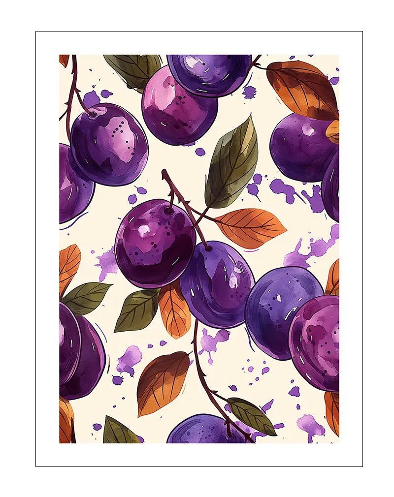 A vibrant watercolor pattern of purple plums and colorful leaves on a light background. This fruity wall art poster brings a splash of freshness and color to any room, making it perfect for kitchen decor or a lively dining space