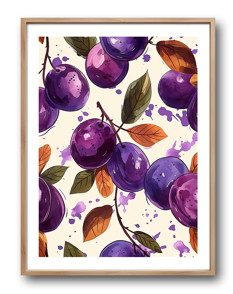 A vibrant watercolor pattern of purple plums and colorful leaves on a light background. This fruity wall art poster brings a splash of freshness and color to any room, making it perfect for kitchen decor or a lively dining space