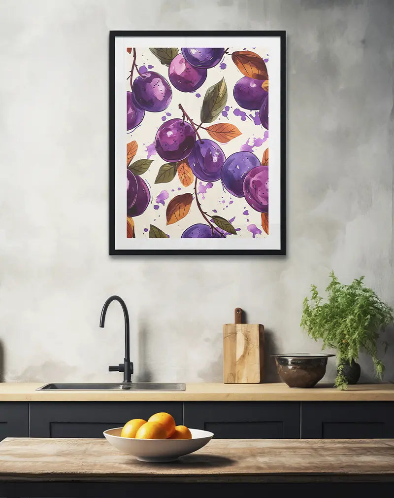 A vibrant watercolor pattern of purple plums and colorful leaves on a light background. This fruity wall art poster brings a splash of freshness and color to any room, making it perfect for kitchen decor or a lively dining space