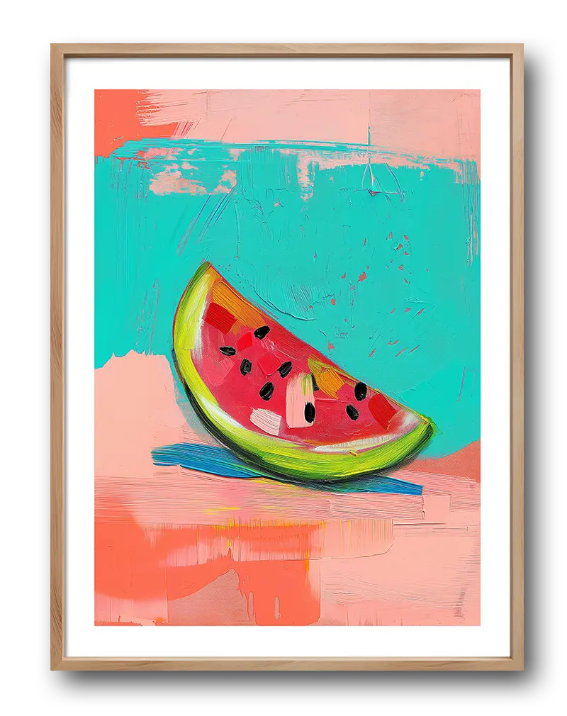 A vibrant and abstract painting of a watermelon slice with bold colors and textures. This playful wall art poster brings a burst of summer freshness, perfect for brightening up a kitchen or living space with a fun and modern touch