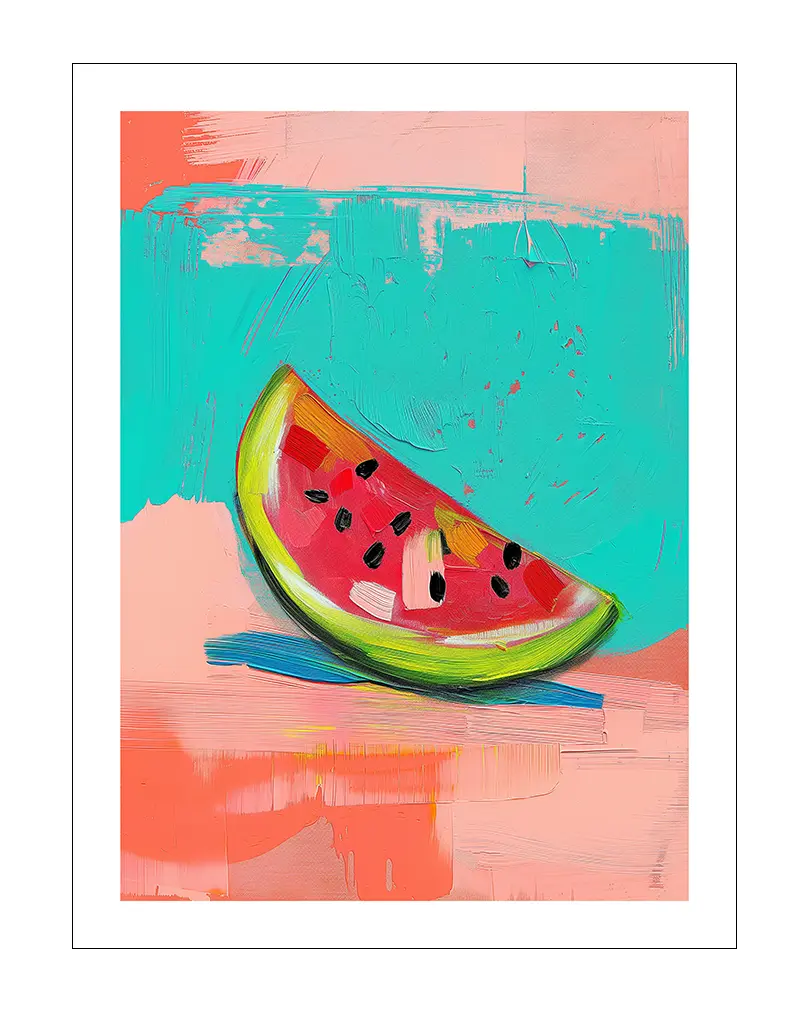 A vibrant and abstract painting of a watermelon slice with bold colors and textures. This playful wall art poster brings a burst of summer freshness, perfect for brightening up a kitchen or living space with a fun and modern touch