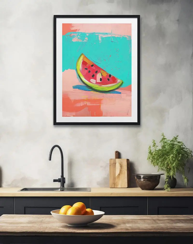 A vibrant and abstract painting of a watermelon slice with bold colors and textures. This playful wall art poster brings a burst of summer freshness, perfect for brightening up a kitchen or living space with a fun and modern touch