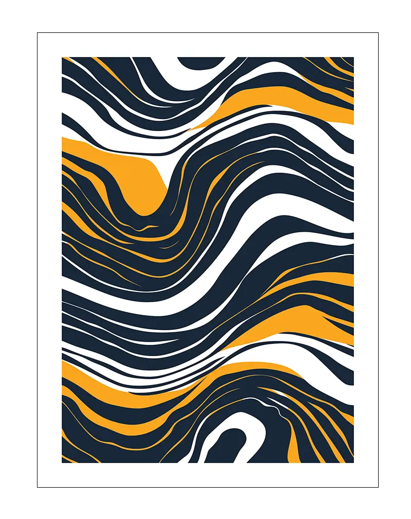 An abstract art poster featuring flowing waves in navy blue, white, and vibrant orange. This dynamic wall art brings a sense of movement and energy to any modern space, perfect for adding a bold and stylish touch to a room