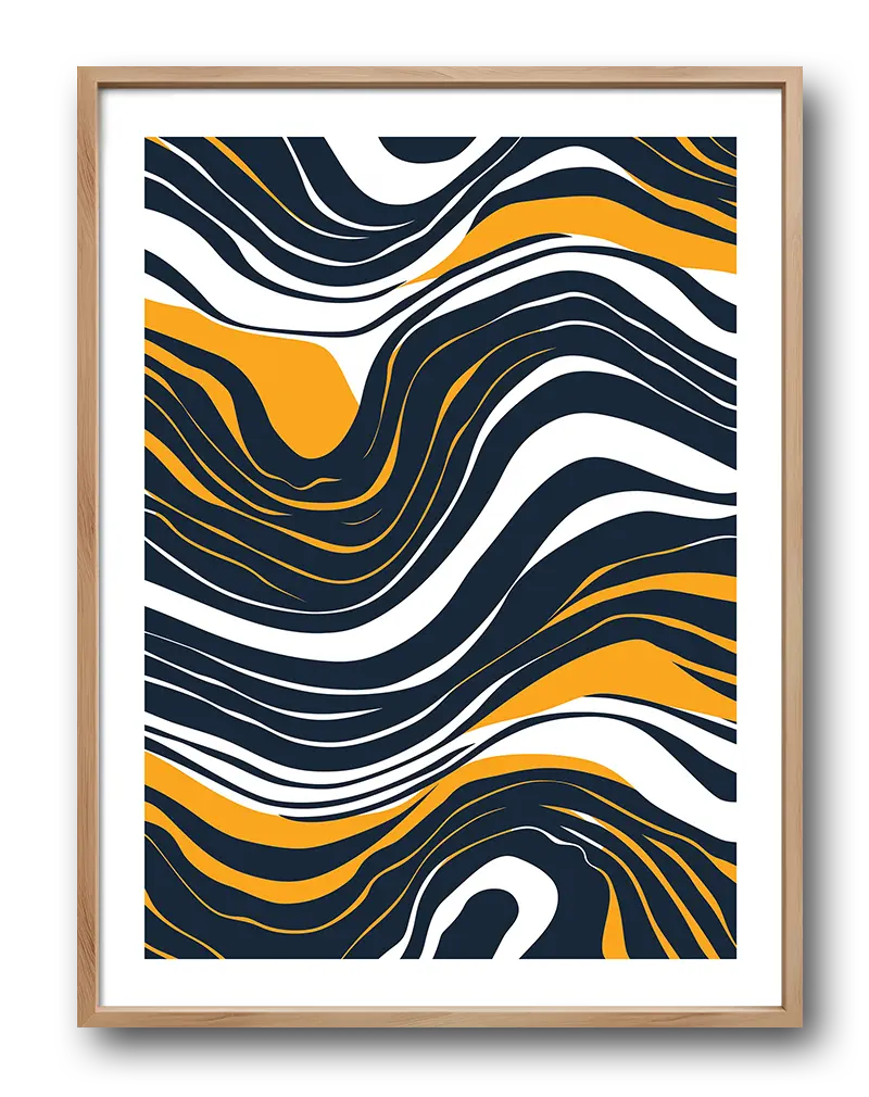 An abstract art poster featuring flowing waves in navy blue, white, and vibrant orange. This dynamic wall art brings a sense of movement and energy to any modern space, perfect for adding a bold and stylish touch to a room