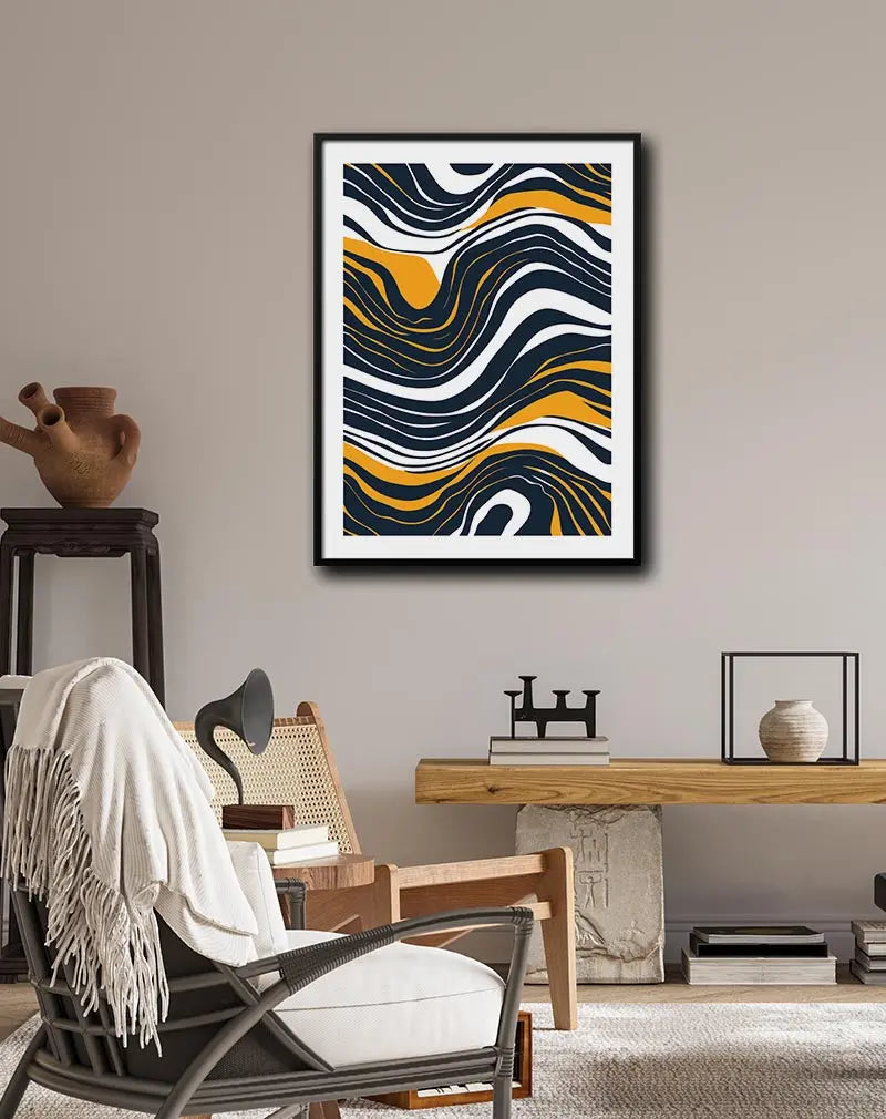 An abstract art poster featuring flowing waves in navy blue, white, and vibrant orange. This dynamic wall art brings a sense of movement and energy to any modern space, perfect for adding a bold and stylish touch to a room