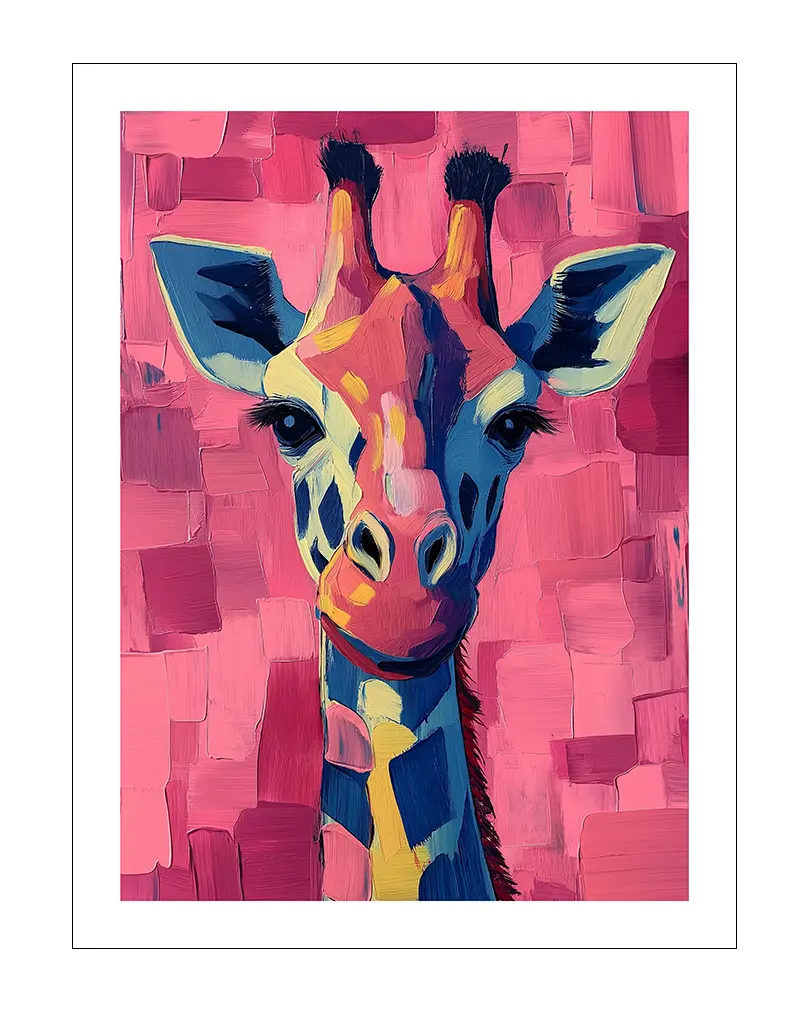 A vibrant portrait of a giraffe in bold brush strokes with a pink background, adding a playful and artistic touch to your wall decor. Perfect wall art for brightening up any living space with a touch of whimsical charm