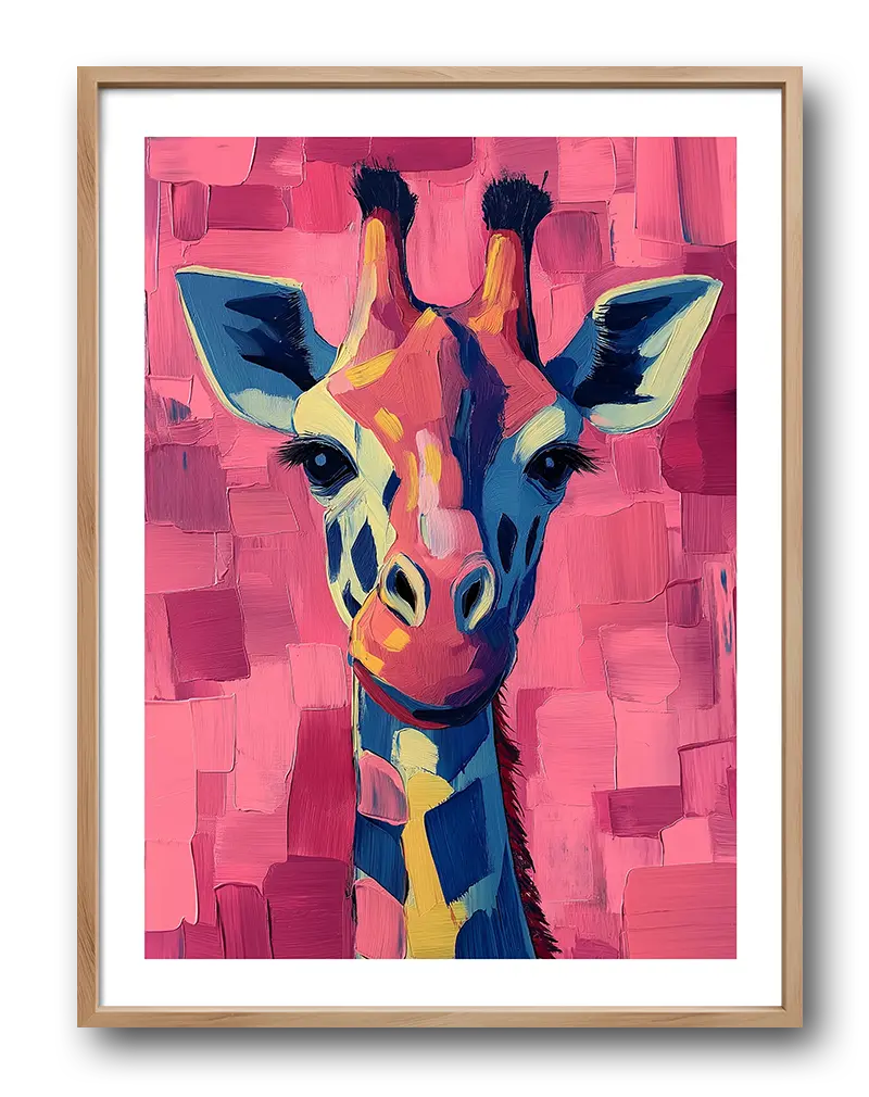 A vibrant portrait of a giraffe in bold brush strokes with a pink background, adding a playful and artistic touch to your wall decor. Perfect wall art for brightening up any living space with a touch of whimsical charm