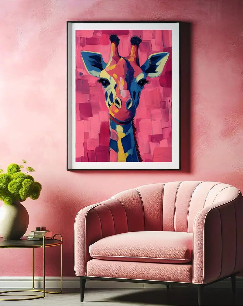 A vibrant portrait of a giraffe in bold brush strokes with a pink background, adding a playful and artistic touch to your wall decor. Perfect wall art for brightening up any living space with a touch of whimsical charm