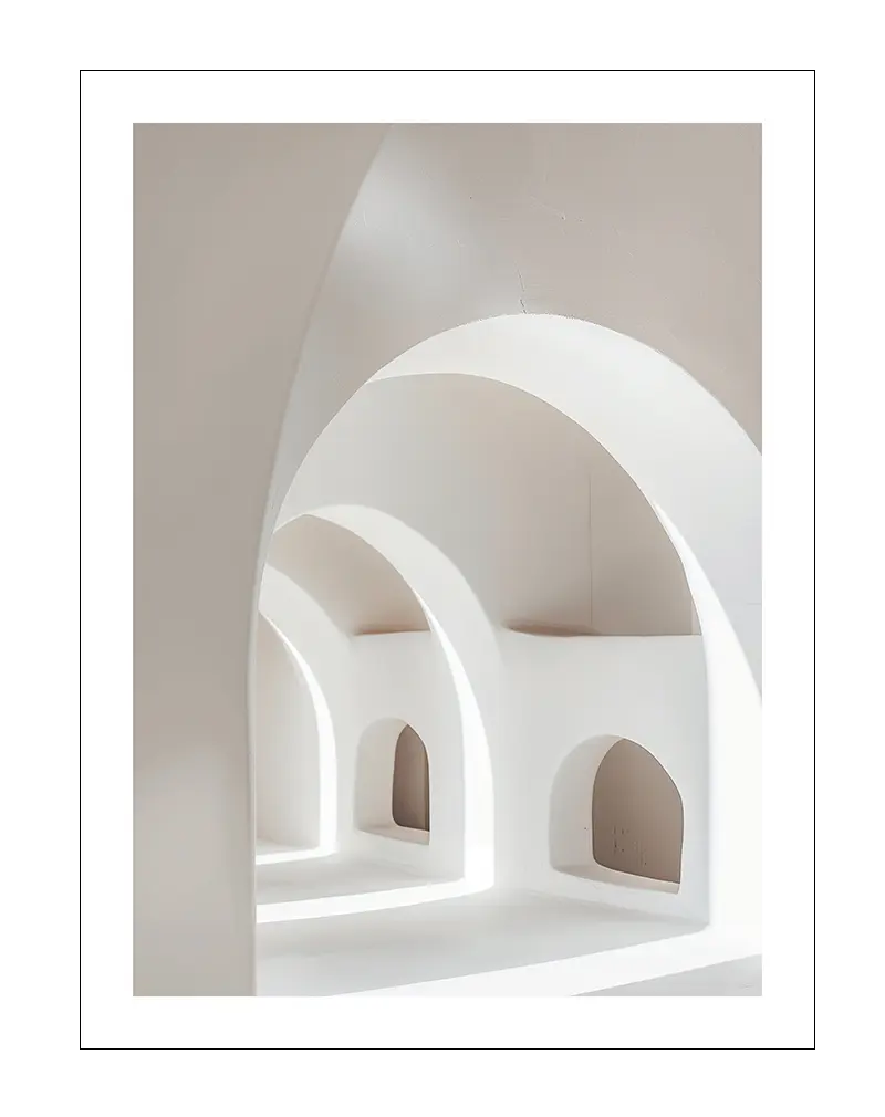 A minimalist interior art poster featuring soft white arches and curved architecture. This serene wall art captures the beauty of light and shadow, perfect for enhancing a tranquil and modern living space