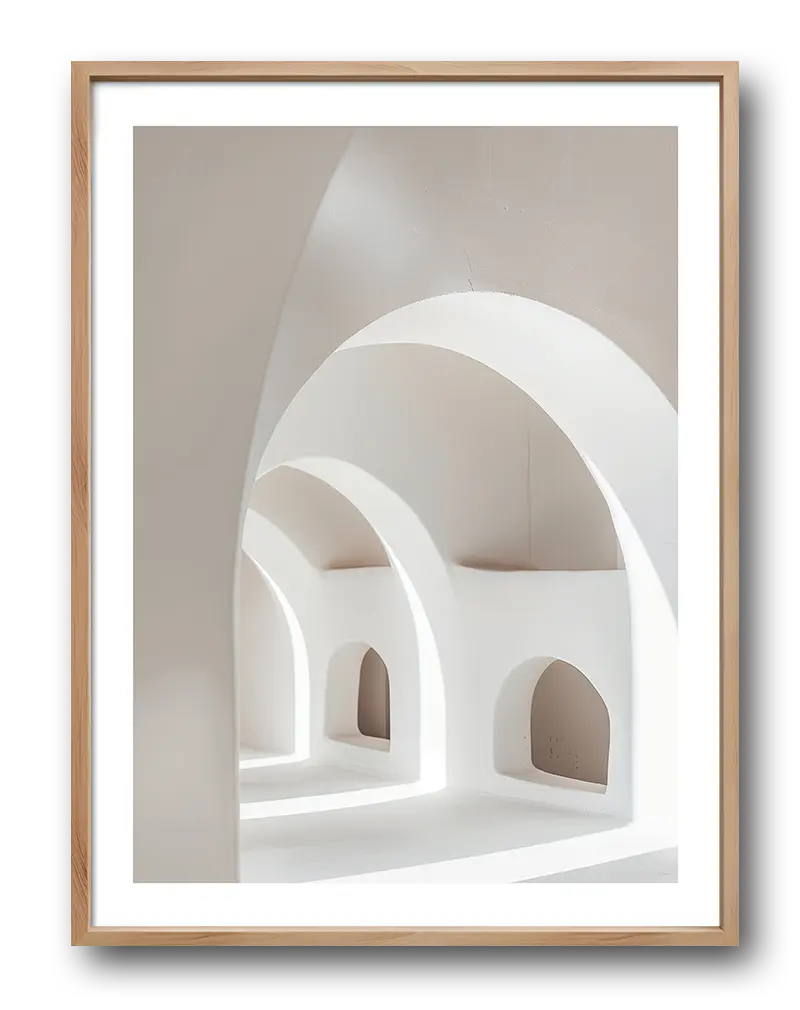 A minimalist interior art poster featuring soft white arches and curved architecture. This serene wall art captures the beauty of light and shadow, perfect for enhancing a tranquil and modern living space