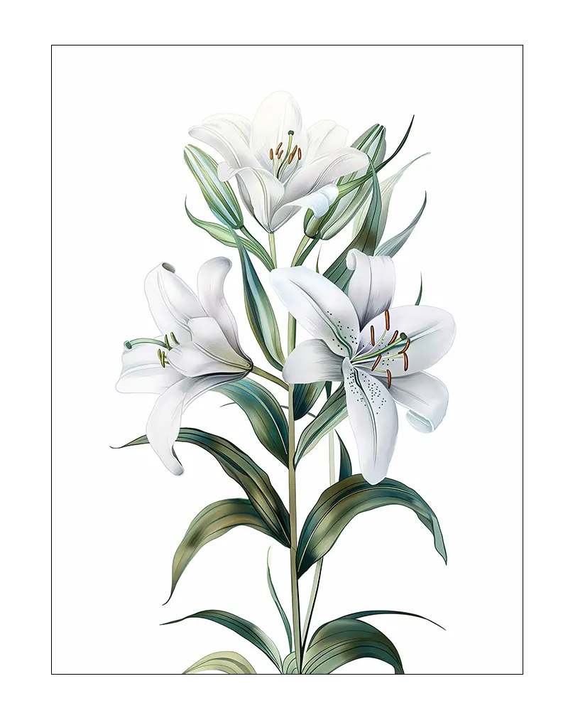 A botanical illustration of elegant white lilies with intricate green leaves. This delicate wall art poster is perfect for adding a touch of nature and serenity to any room, offering both beauty and tranquility to your space