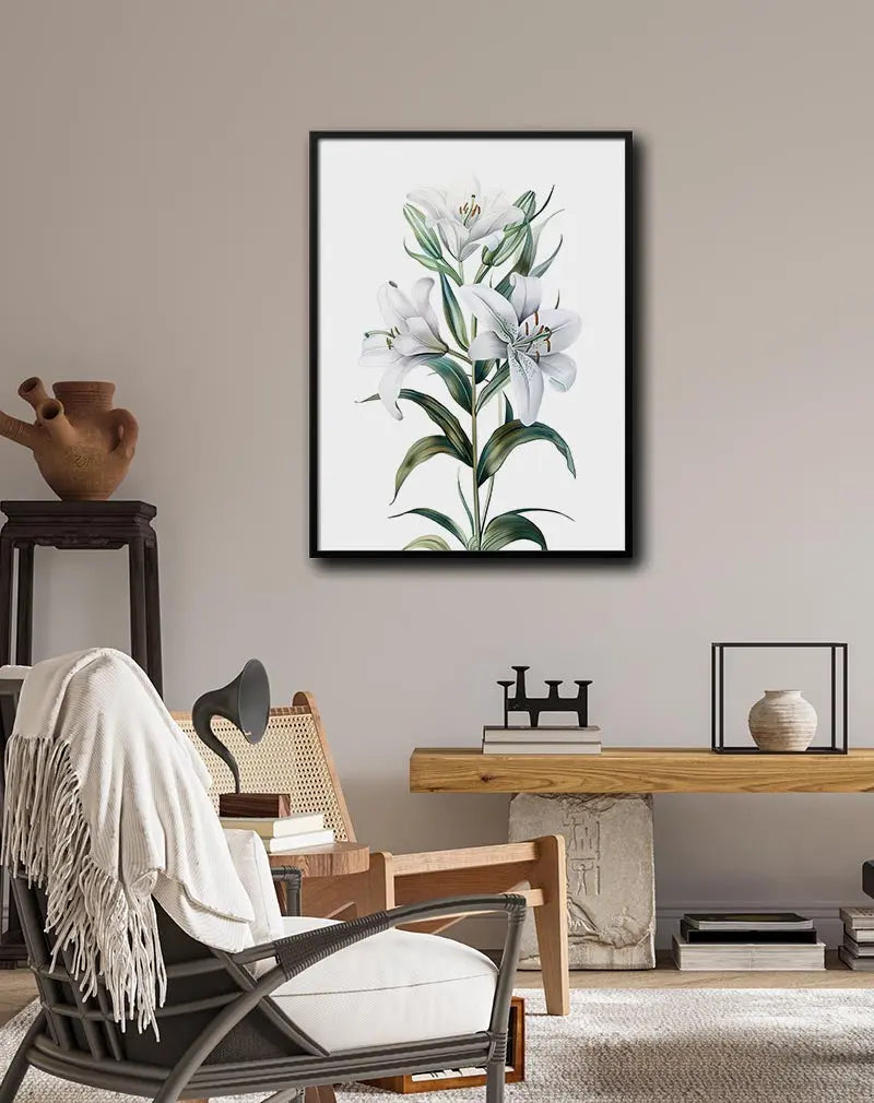 A botanical illustration of elegant white lilies with intricate green leaves. This delicate wall art poster is perfect for adding a touch of nature and serenity to any room, offering both beauty and tranquility to your space