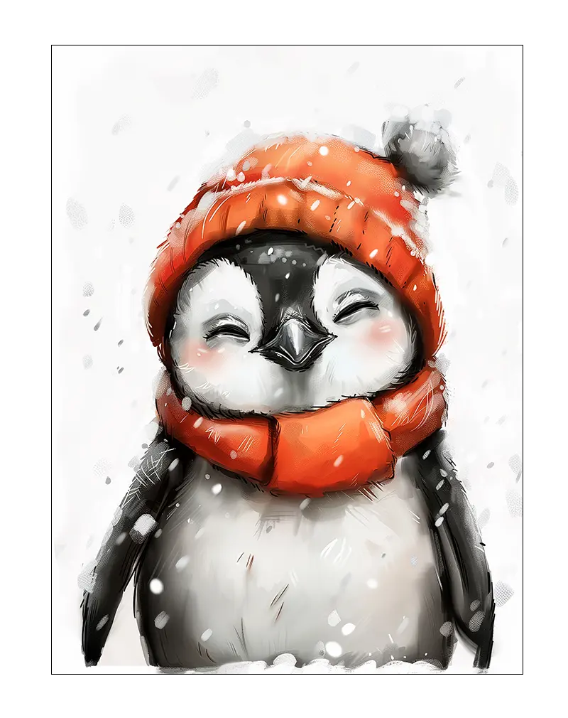 A charming illustration of a happy penguin wearing a cozy orange hat and scarf, surrounded by falling snow. This adorable wall art poster is perfect for adding a touch of warmth and joy to children's rooms or festive winter decor