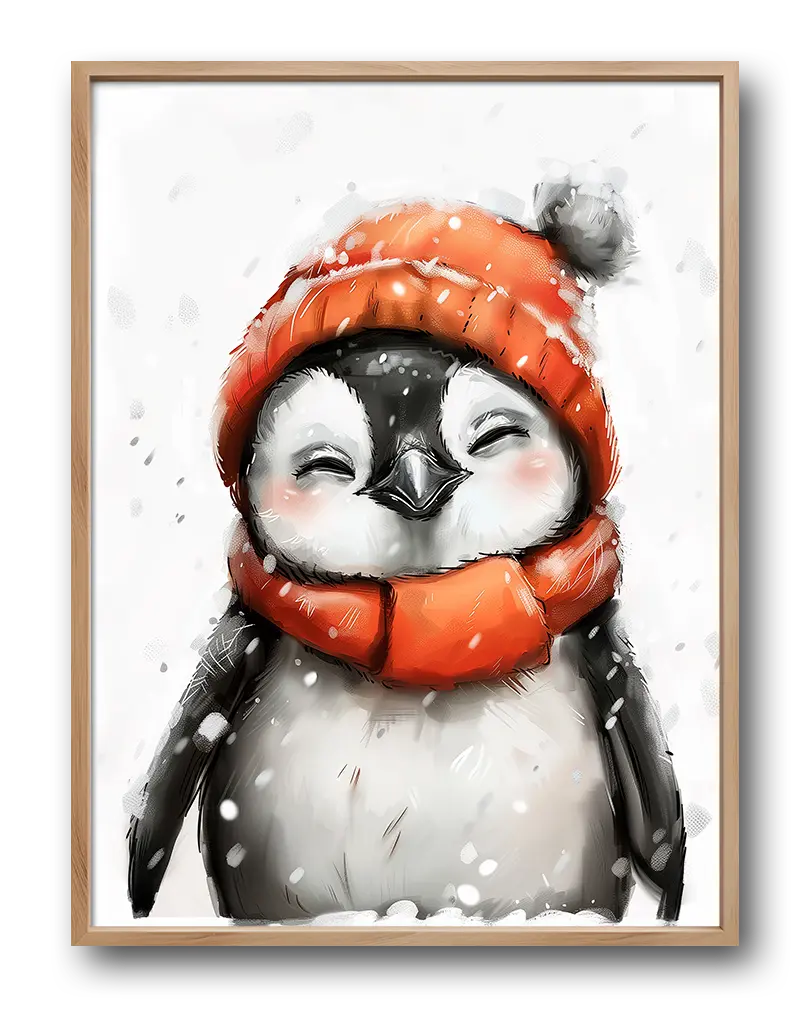 A charming illustration of a happy penguin wearing a cozy orange hat and scarf, surrounded by falling snow. This adorable wall art poster is perfect for adding a touch of warmth and joy to children's rooms or festive winter decor