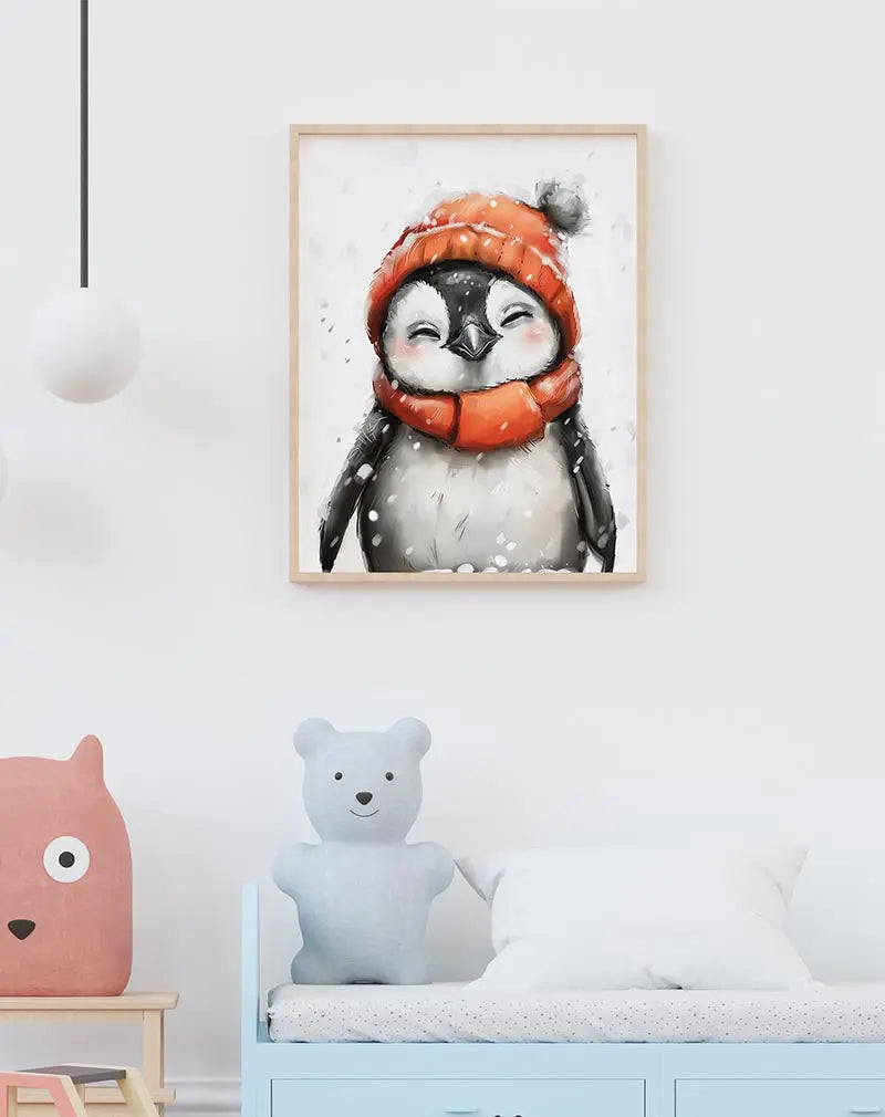 A charming illustration of a happy penguin wearing a cozy orange hat and scarf, surrounded by falling snow. This adorable wall art poster is perfect for adding a touch of warmth and joy to children's rooms or festive winter decor