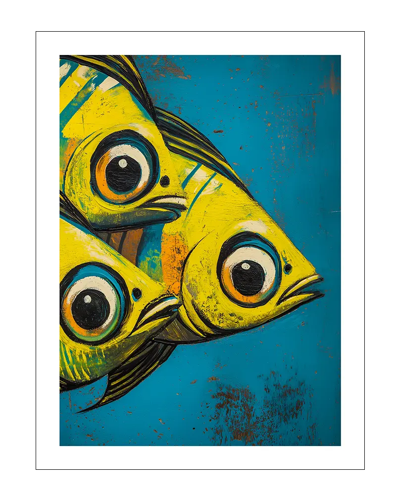 An abstract illustration of three vibrant yellow fish with large eyes, set against a distressed blue background. This striking wall art brings a splash of color and fun to any room, perfect for a lively and modern decor