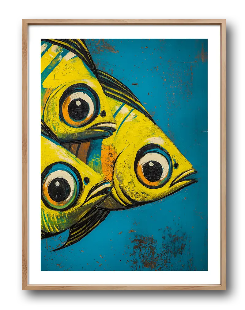 An abstract illustration of three vibrant yellow fish with large eyes, set against a distressed blue background. This striking wall art brings a splash of color and fun to any room, perfect for a lively and modern decor