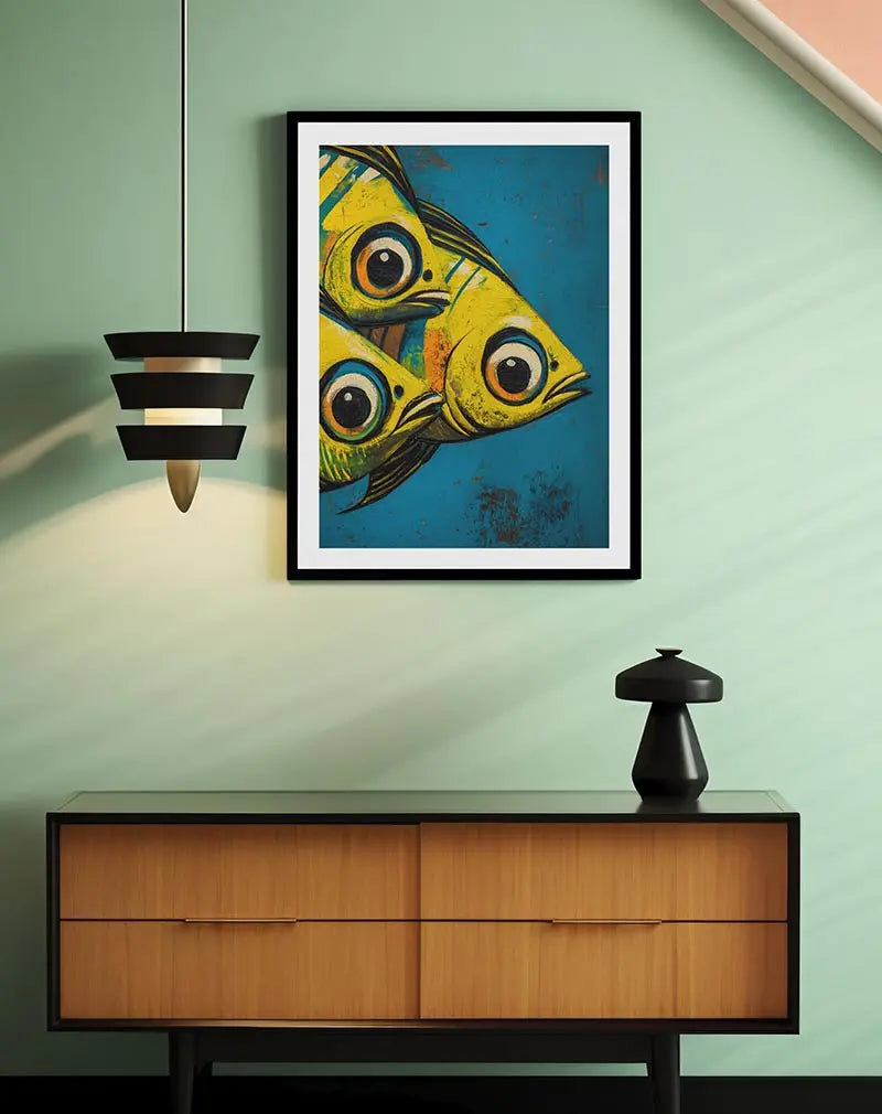 An abstract illustration of three vibrant yellow fish with large eyes, set against a distressed blue background. This striking wall art brings a splash of color and fun to any room, perfect for a lively and modern decor