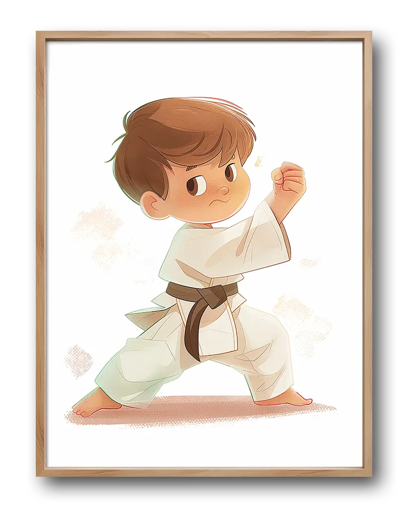 A playful illustration of a young boy in a karate pose, dressed in a white gi with a brown belt. Perfect wall art for kids' rooms or to inspire young martial arts enthusiasts with a touch of cuteness