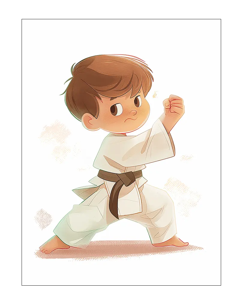 A playful illustration of a young boy in a karate pose, dressed in a white gi with a brown belt. Perfect wall art for kids' rooms or to inspire young martial arts enthusiasts with a touch of cuteness