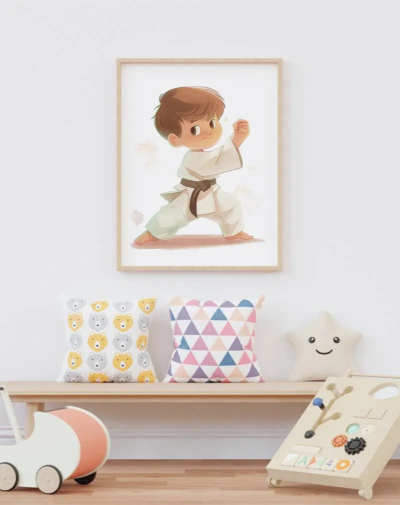 A playful illustration of a young boy in a karate pose, dressed in a white gi with a brown belt. Perfect wall art for kids' rooms or to inspire young martial arts enthusiasts with a touch of cuteness