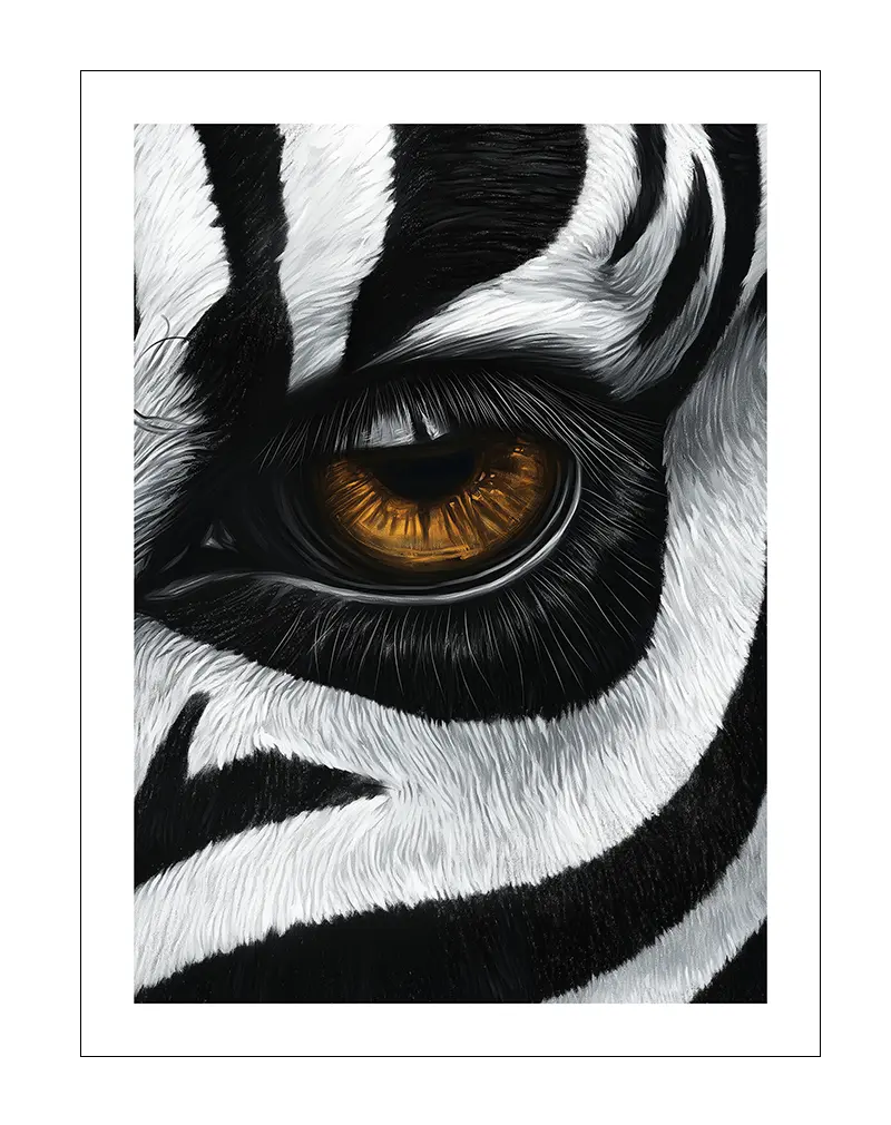 A close-up illustration of a zebra's striking amber eye, surrounded by detailed black and white fur. This dramatic wall art adds a bold and intense element to your decor, perfect for lovers of wildlife and abstract design