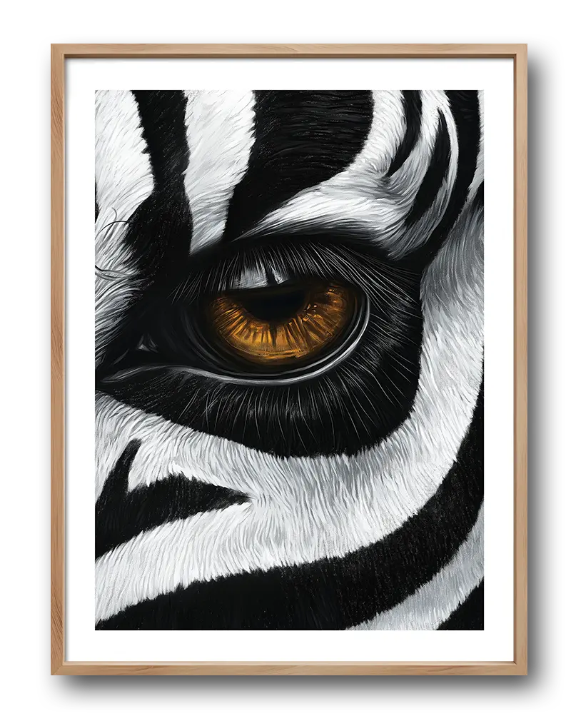 A close-up illustration of a zebra's striking amber eye, surrounded by detailed black and white fur. This dramatic wall art adds a bold and intense element to your decor, perfect for lovers of wildlife and abstract design