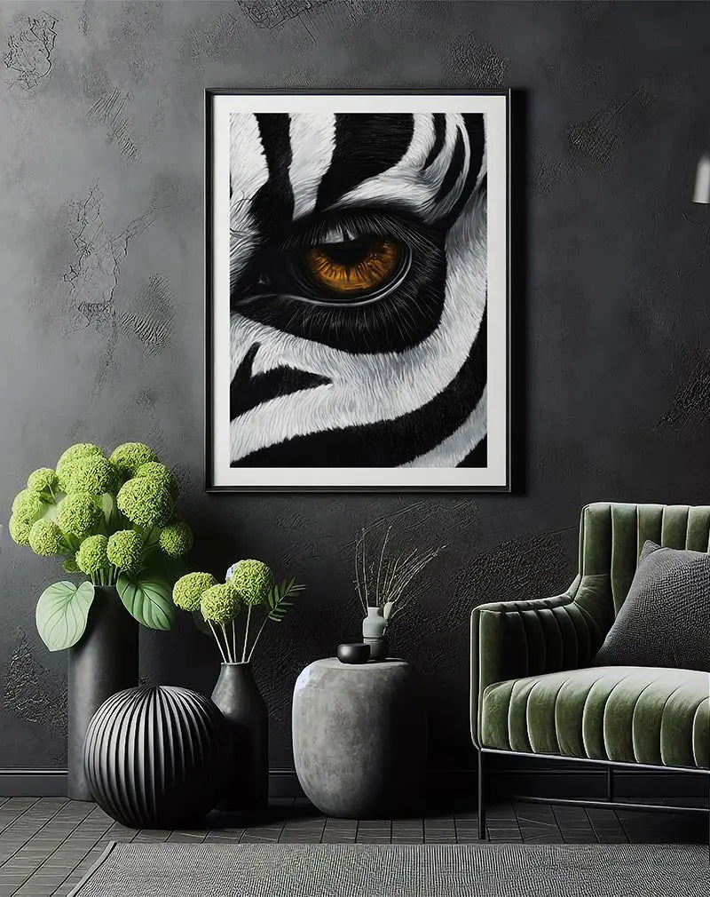 A close-up illustration of a zebra's striking amber eye, surrounded by detailed black and white fur. This dramatic wall art adds a bold and intense element to your decor, perfect for lovers of wildlife and abstract design